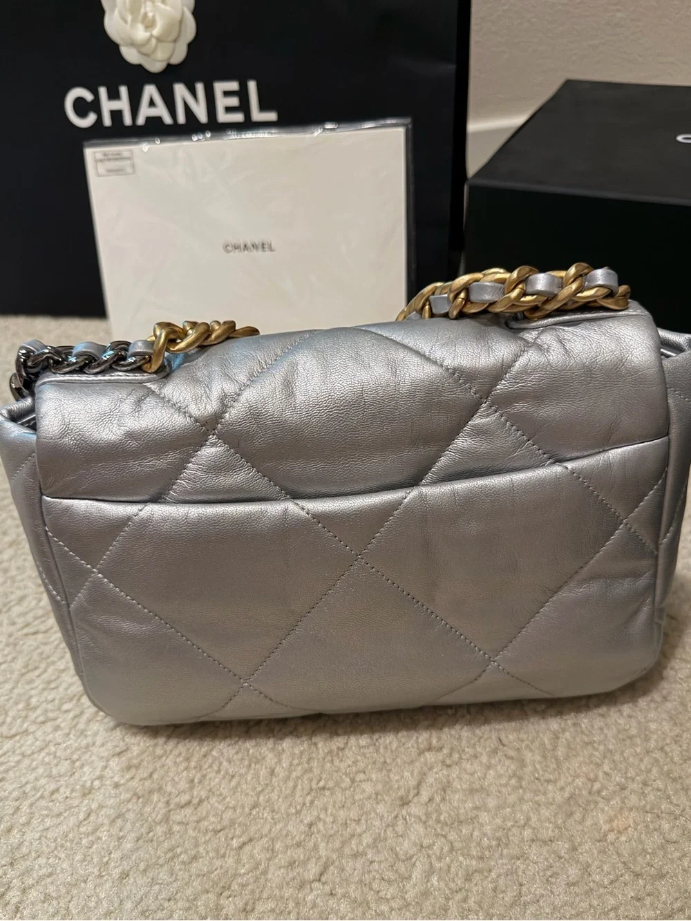 CHANEL 19 medium Silver Quilted Lambskin Shoulder Bag with Gold , silver Chain